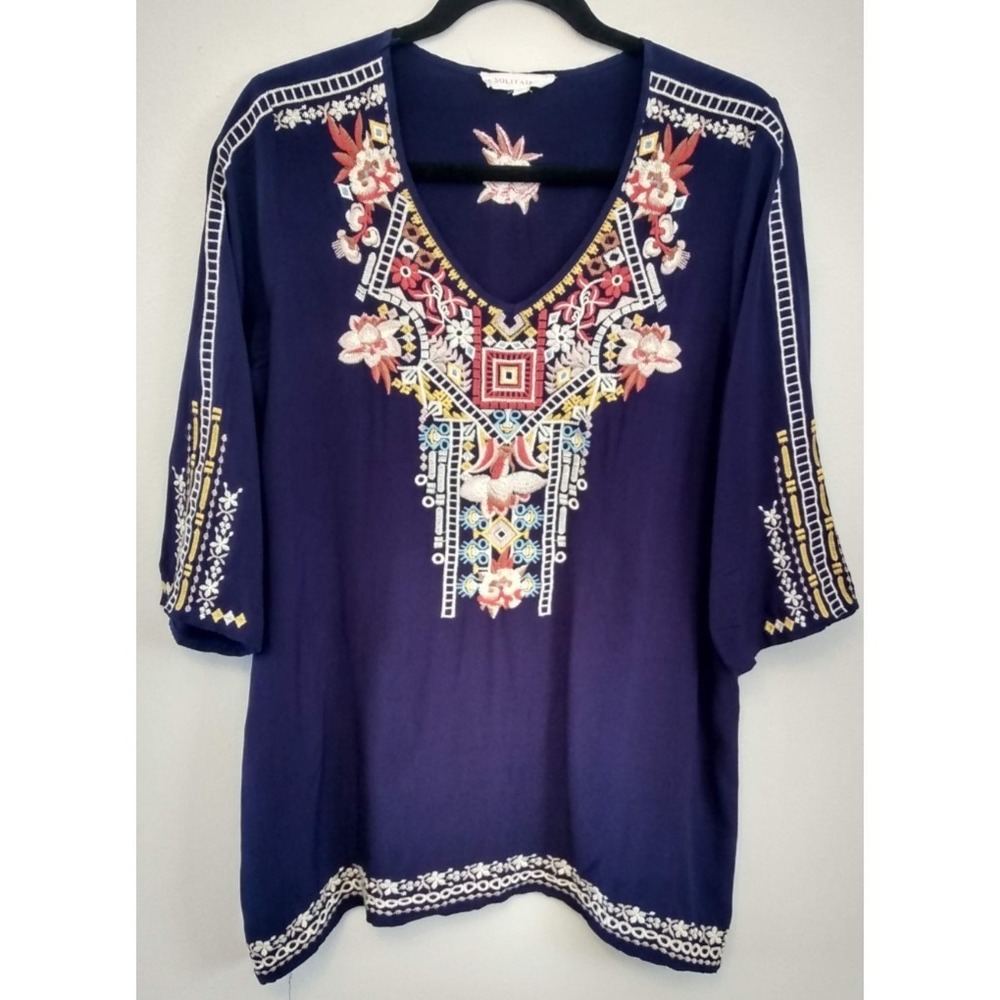 SOLITAIRE Embroidered Boho Med Tunic Folk Floral Embroidery Festival Peasant Top